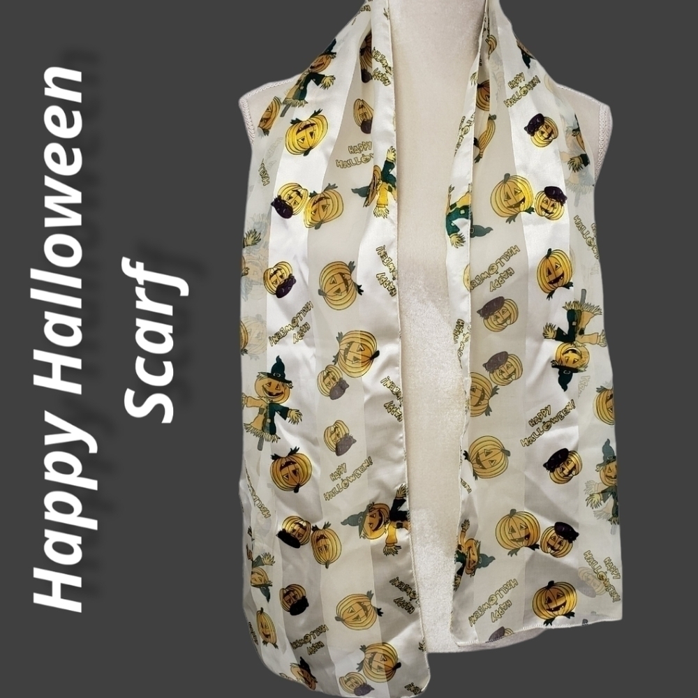 HALLOWEEN Jack o Lantern Scarf cream with orange and green 60" long EUC